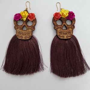 Skull Earrings Calavera Skull Day of the Dead Wood Dangle Tas…